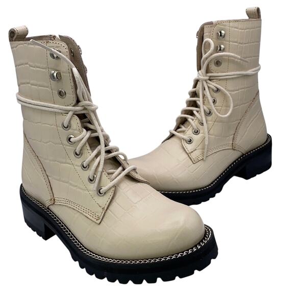 Aqua Shoes - New Aqua Jax Ivory Crocodile Embossed Leather Lace Up Moto Combat Boots 7.5 M